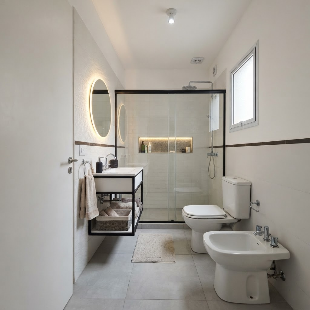 Baño chico renovado con mampara de vidrio, revestimientos claros y grifería cromada