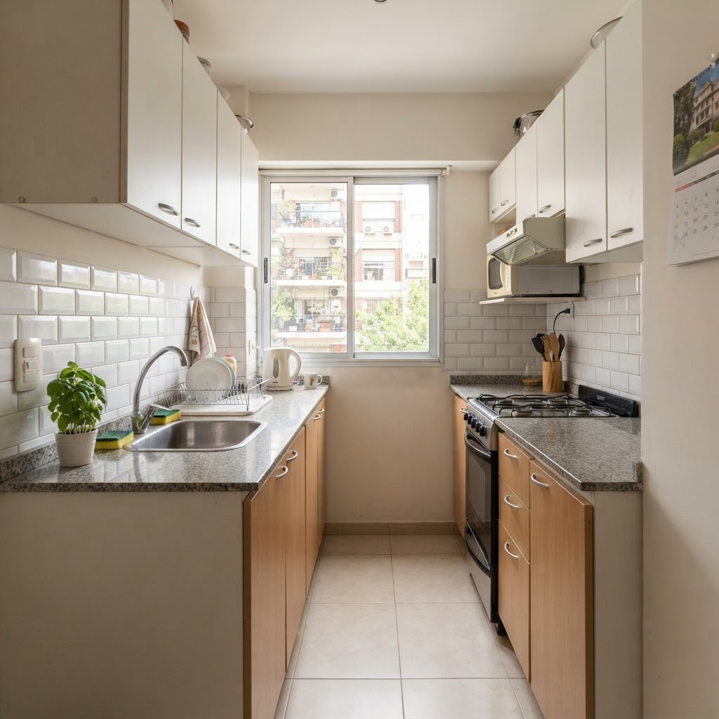 Cocina renovada de un departamento con muebles claros y terminaciones prolijas